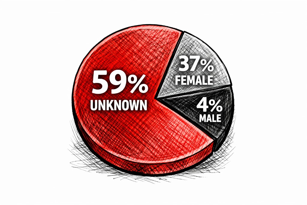 Pie chart: 59% unknown gender, 37% female, 4% male among victims with reported gender in 2023 cases