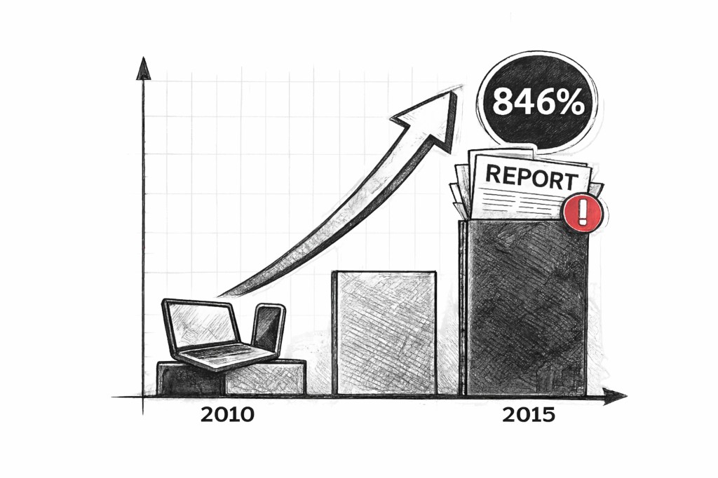 Illustration showing a rise in suspected child sex trafficking reports from 2010 to 2015