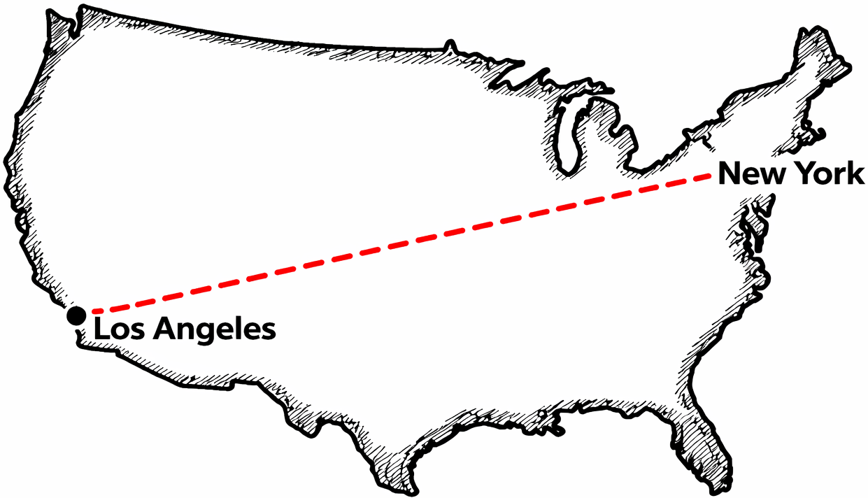 Map showing distance from Los Angeles to New York