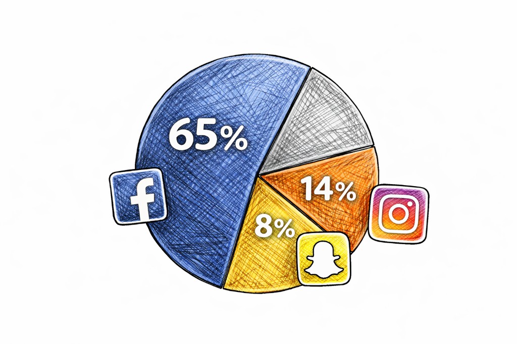 Pie-style illustration showing platform share: 65 percent Facebook, 14 percent Instagram, 8 percent Snapchat